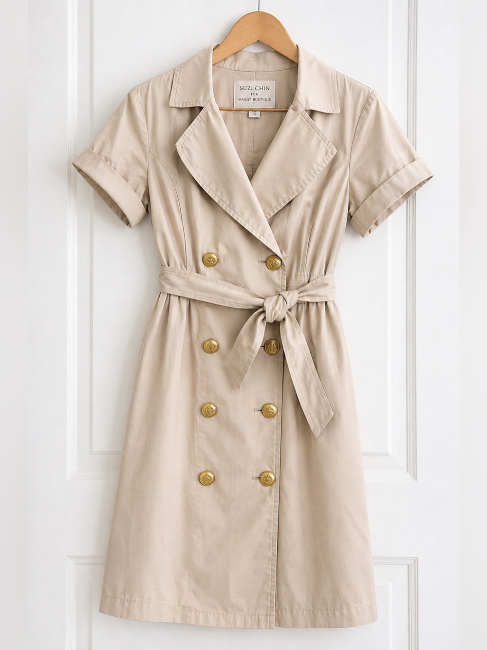 Suzi Chin for Maggy Boutique Trench Wrap Dress Size 12 Cream Tan Belted Double B